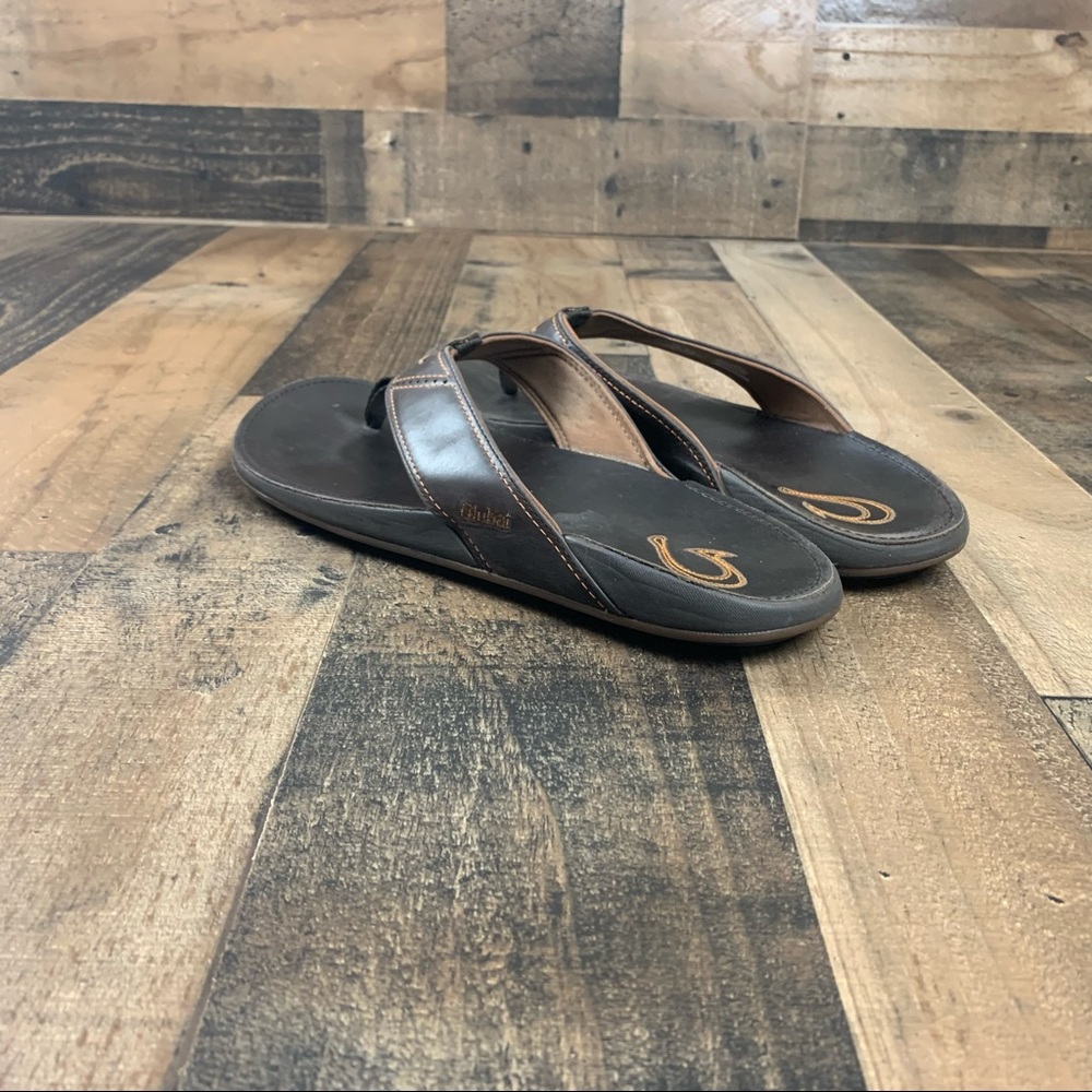 Olukai Mens Nui Flip Flop Sandals Dark Brown Black Leather Slip Ons 12